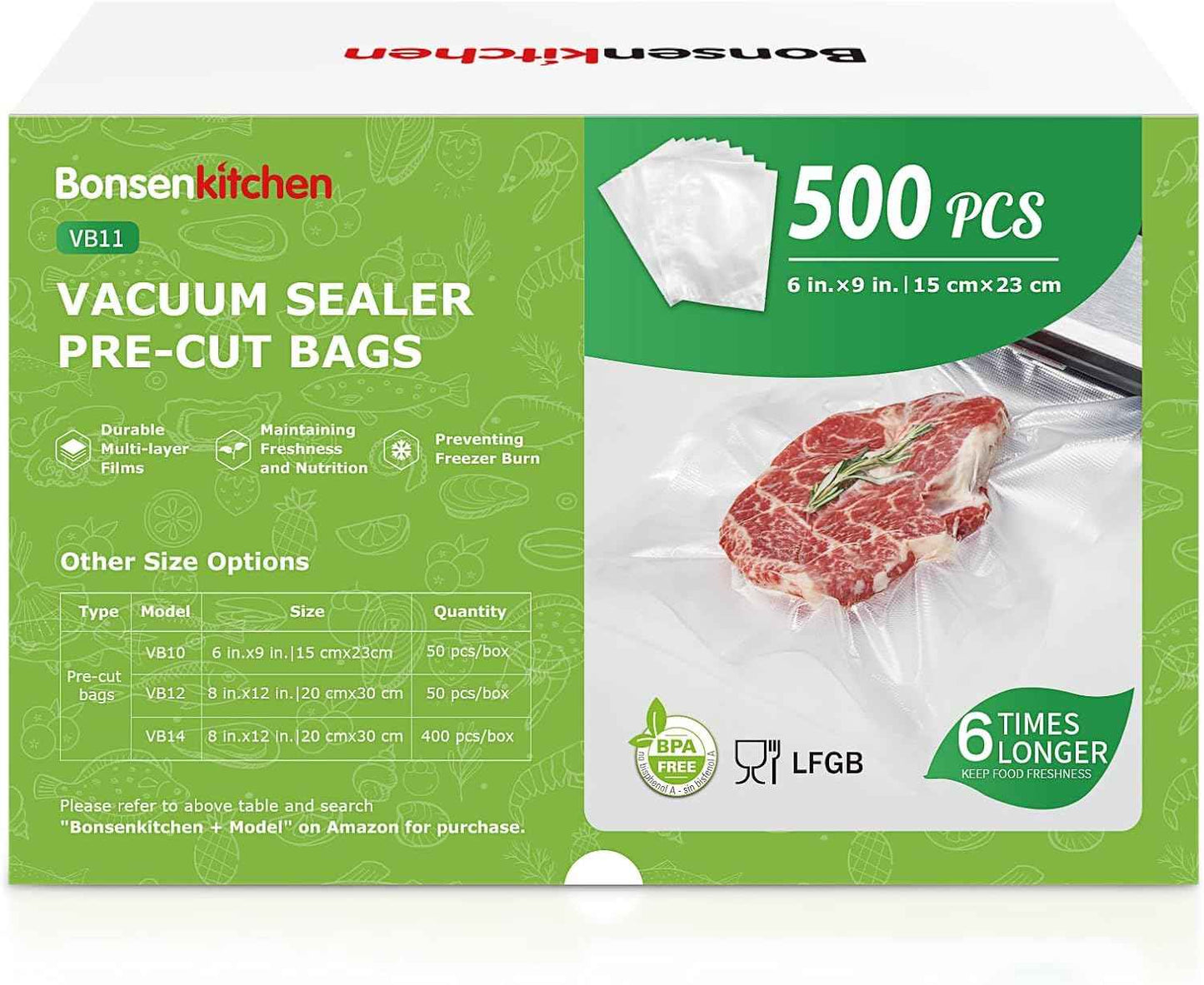Bonsenkitchen Vacuum Sealer Bags, 50 Quart 8" x 12" Precut Food Sealer Bags, Commercial Grade, BPA Free, Heavy Duty, Customized Size Vacuum Bags for Vac Storage, Meal Prep or Sous Vide Cooking, VB12