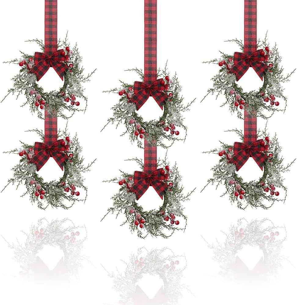 Small Christmas Wreath, 6 Pcs 6" Mini Christmas Wreaths for Cabinets, Small Cabinet Wreaths for Kitchen Cabinet Window Door Farmhouse Christmas Party Decorations Candle Rings Fireplaces (A)