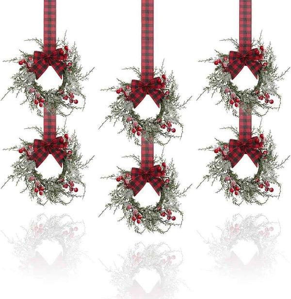 Small Christmas Wreath, 6 Pcs 6" Mini Christmas Wreaths for Cabinets, Small Cabinet Wreaths for Kitchen Cabinet Window Door Farmhouse Christmas Party Decorations Candle Rings Fireplaces (A)