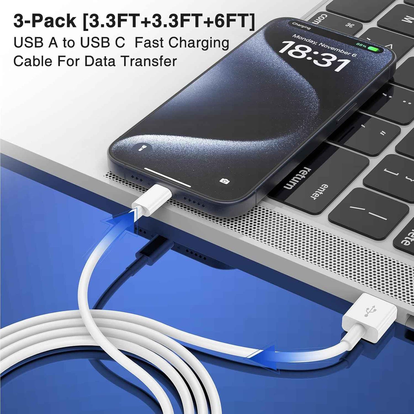 Car Carplay Cable for iPhone 17 16 15 Pro Plus Pro Max Air，3-Pack [3.3FT+3.3FT+6FT] USB A to USB C Cable for iPhone 17 16 15，for iPad Pro/Air/Mini，for Galaxy S25 S24，for MacBook Pro/Air and More