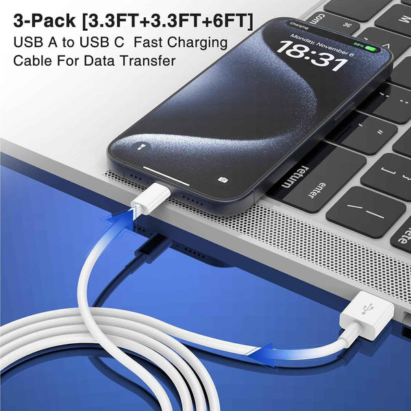 Car Carplay Cable for iPhone 17 16 15 Pro Plus Pro Max Air，3-Pack [3.3FT+3.3FT+6FT] USB A to USB C Cable for iPhone 17 16 15，for iPad Pro/Air/Mini，for Galaxy S25 S24，for MacBook Pro/Air and More