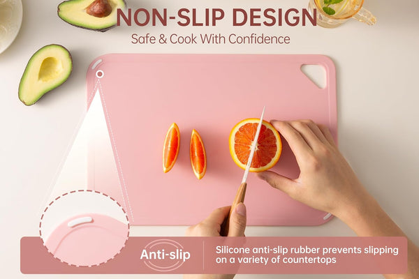 Pink Plastic Cutting Board Set for Kitchen, Dishwasher Safe, BPA Free, Reversible, with Grip Handle