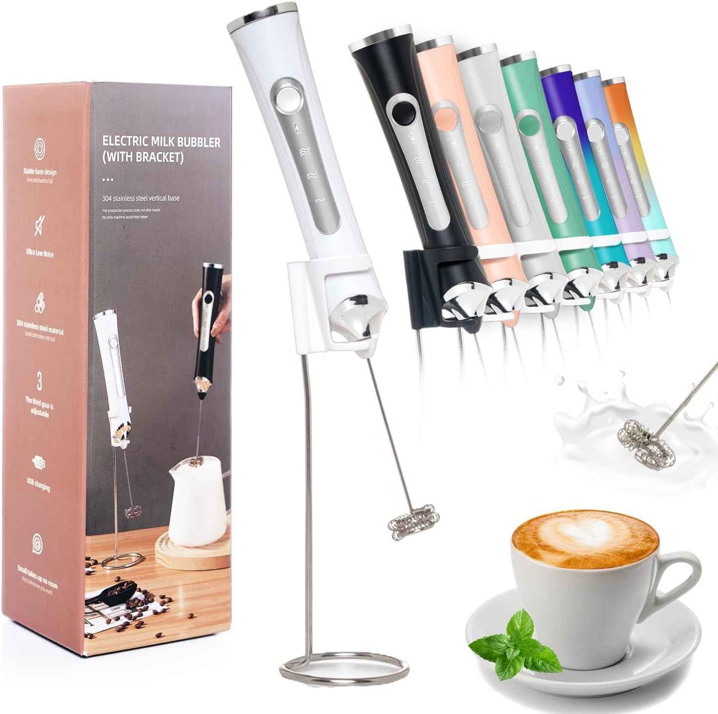Rechargeable Milk Frother Handheld For Coffee,3 Speeds Frother Wand With Stand, Batidora De Mano Electrica,Coffee Frother With 2 Heads,Drink Mixer Electric Handheld,Kitchen Essentials(Black)