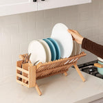 Bamboo Folding 2-Tier Collapsible Dish Rack with Utensil Holder Set