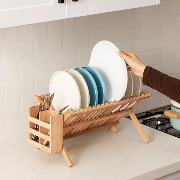 Bamboo Folding 2-Tier Collapsible Dish Rack with Utensil Holder Set