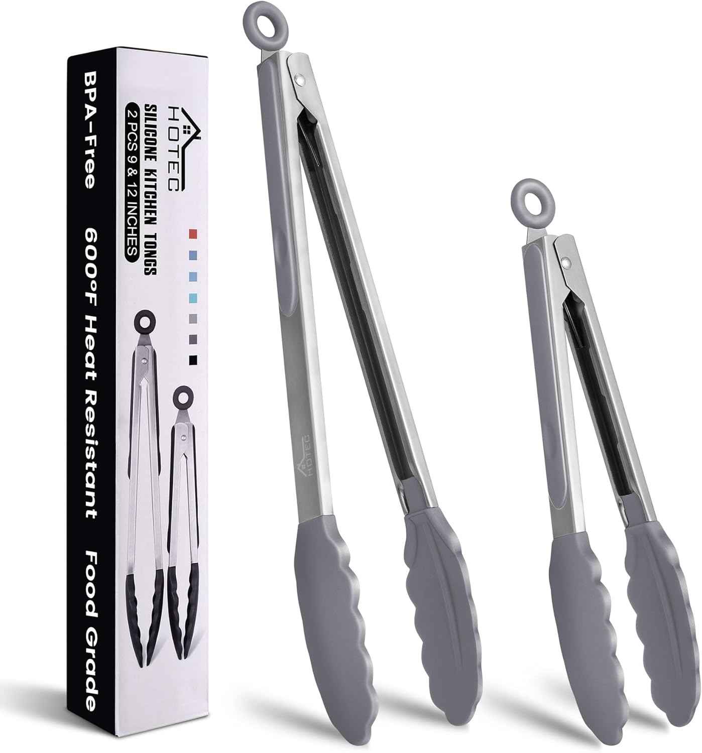 HOTEC Premium 7 & 9 Inch Kitchen Tongs, Stainless Steel Locking Cooking Tongs with Silicone Tips, Non-Scratch & Heat Resistant, Serving Tongs for Salad, BBQ, Classic Blue, Set of 2