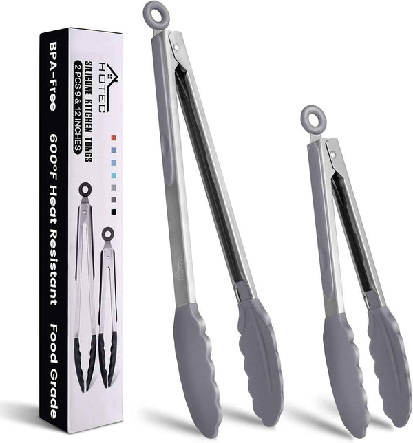 HOTEC Premium 7 & 9 Inch Kitchen Tongs, Stainless Steel Locking Cooking Tongs with Silicone Tips, Non-Scratch & Heat Resistant, Serving Tongs for Salad, BBQ, Classic Blue, Set of 2
