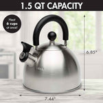 Primula Stewart Whistling Stovetop Tea Kettle, 1.5-Quart, Food Grade Stainless Steel, Hot Water Fast, Cool Touch Folding Handle, Black