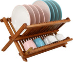 Teak Dish Drainer Rack Collapsible 2 Tier Dish Rack for Kitchen Countertop
