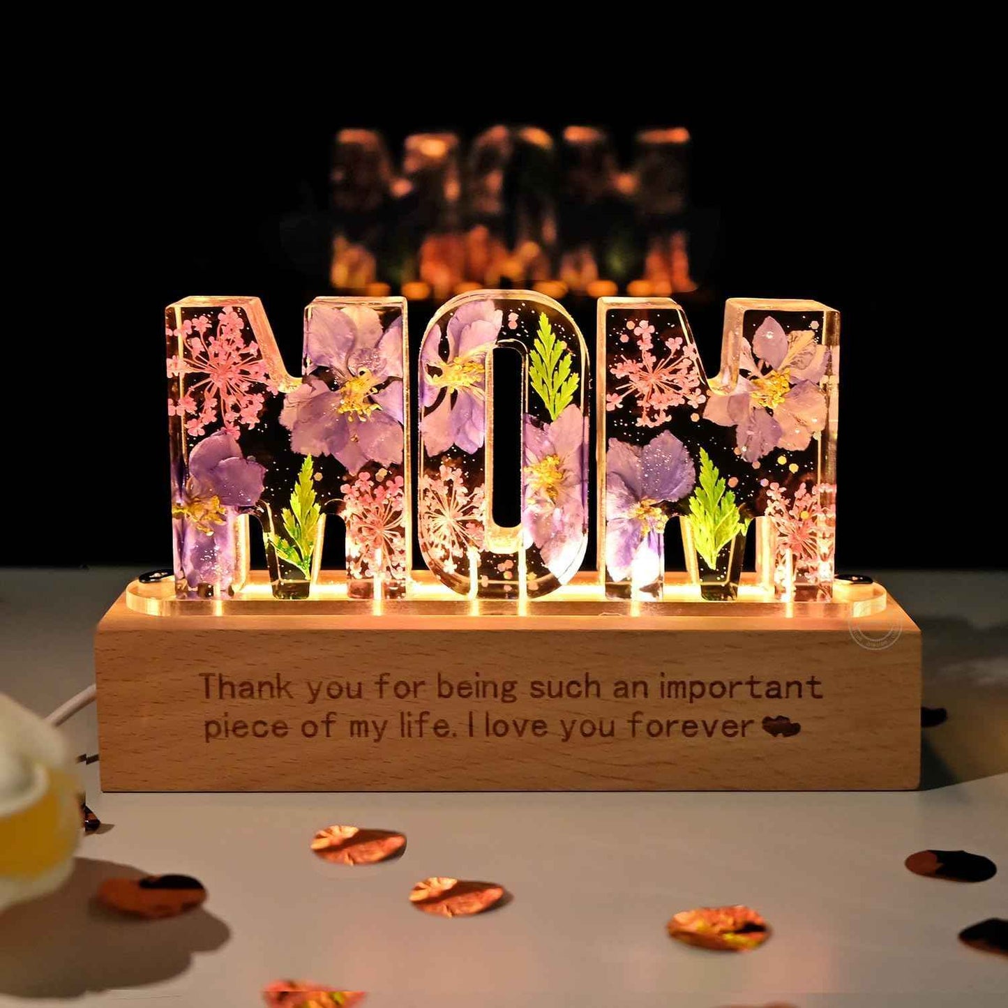 Britrio Gift for Mom Women Grandma Rose Dry Flower Night Light Lamp for Mother's Day Mom Birthday from Son Daughter Dried Pressed Flower Letter Led Light Christmas Gift Home Bedroom Decor