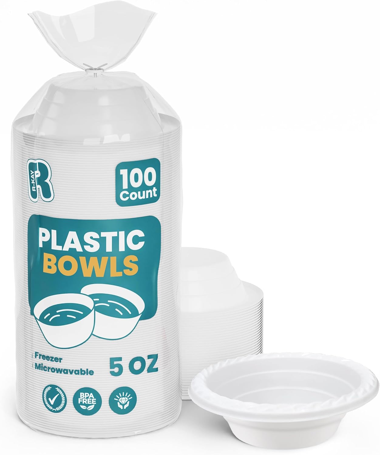 R-kay Plastic Bowls - 100 Count Microwavable Disposable Bowls - Strong Heavy Duty And Sturdy White Plastic Bowls Disposable (12 OZ, 100)