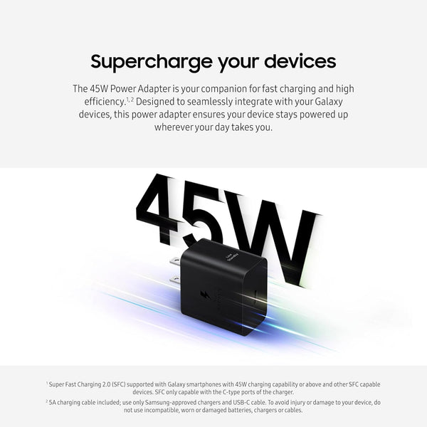 SAMSUNG 45W Wall Charger Power Adapter with Cable Included, Super Fast Charging for Galaxy Phones, Tablets and USB Type C Devices, Low Standby Power Consumption, EP-T4511XBEGUS, Black