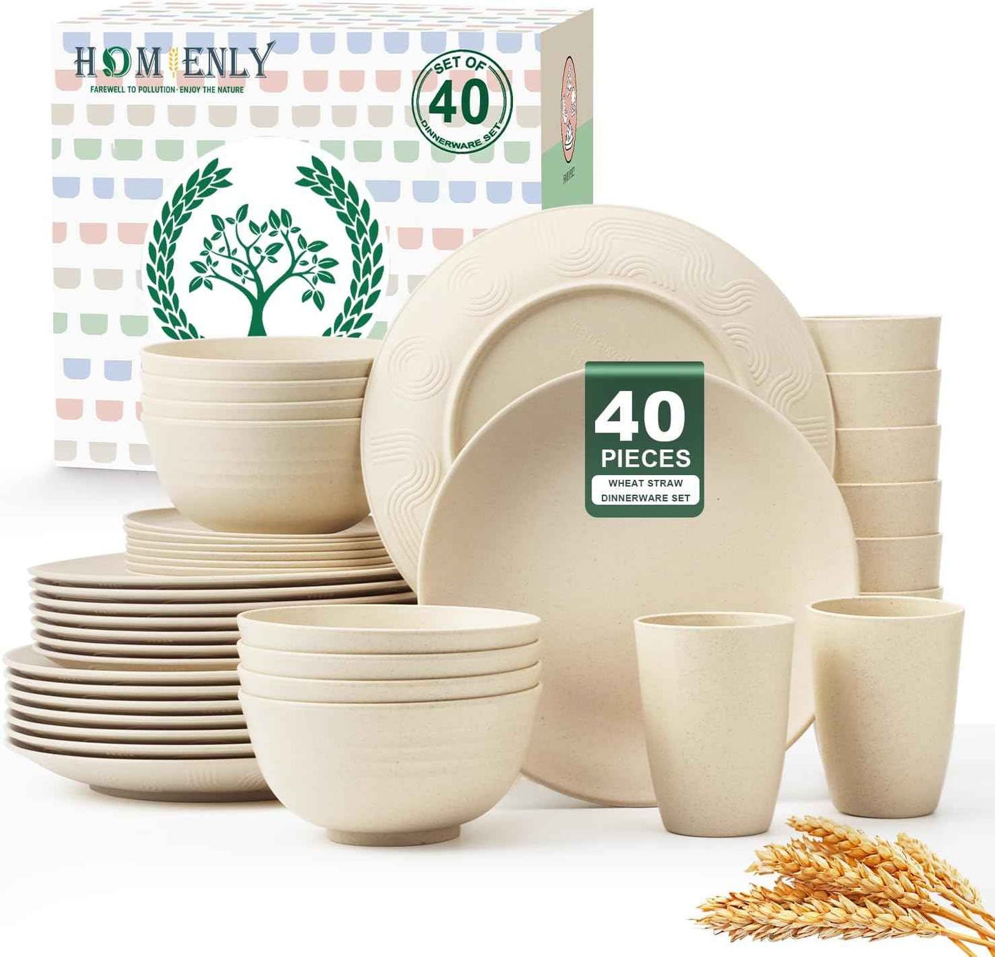 Homienly 40-Piece Premium Wheat Straw Dinnerware Sets, Service for 8, Unbreakable Plates and Bowls Set - Cups Sets, Dinner Plates, Bowls for Kitchen,Dishwasher and Microwave Safe Dishes Set - Multi