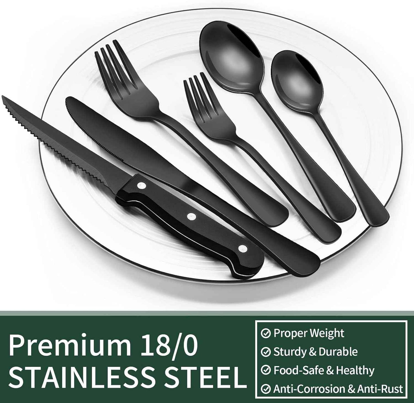 EWFEN 24-Piece Black Silverware Set with Steak Knives, Flatware for 4, Food-Grade Stainless Steel Tableware Cutlery Set, Mirror Finished Utensil Sets Home Restaurant