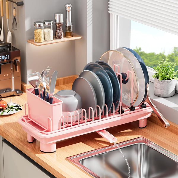 SanDream Small Dish Drying Rack with Removable Utensil Holder & Anti-Scratch Base