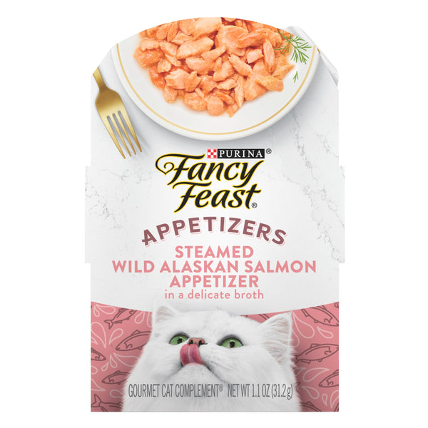 Purina fancy feast wild alaskan salmon appetizer grain free wet cat food topper 1.1 oz trays pack of 10