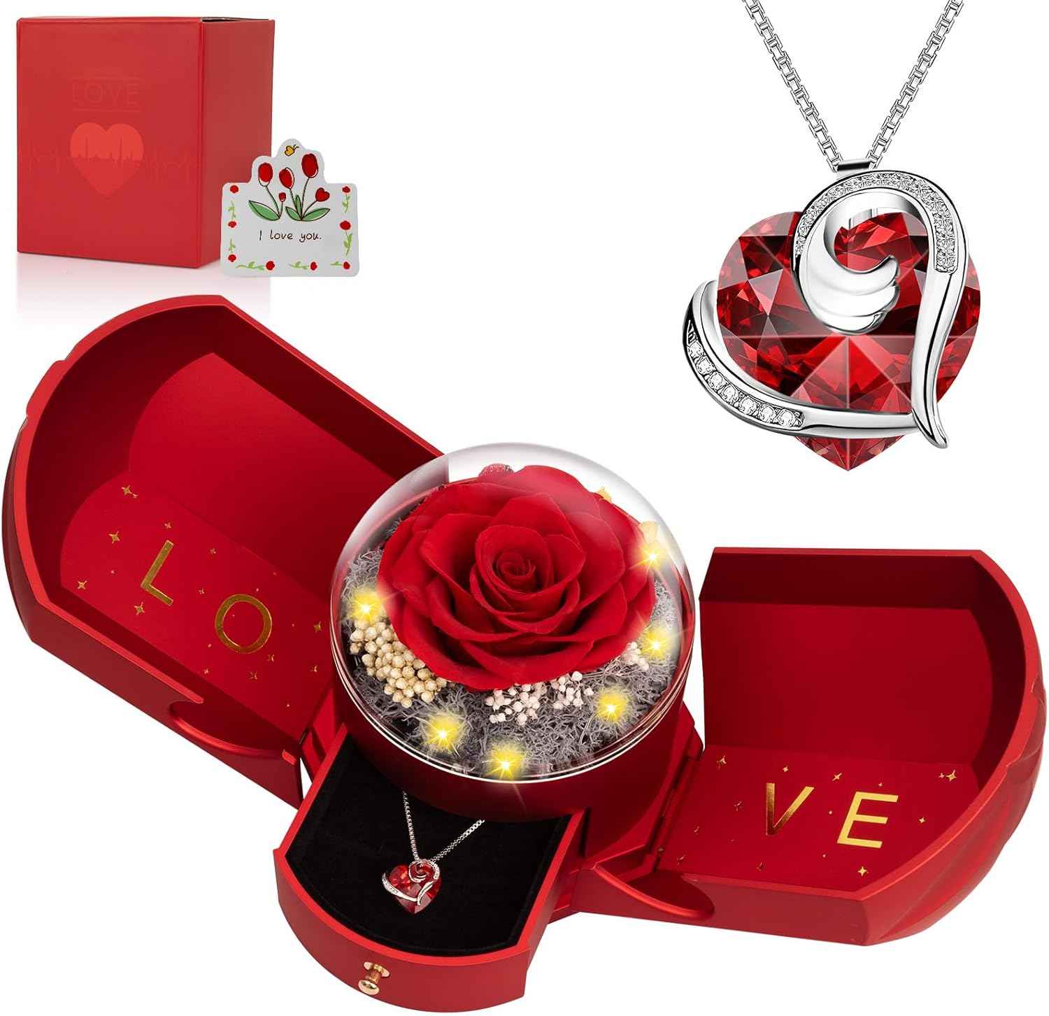 Preserved Real Red Rose with Necklace Forever Flowers Rose Valentines Day Gifts for Her Wife Girlfriend Women Mom Grandma on Valentines Mothers Day Sweetest Day Christmas Anniversary Romantic-Red