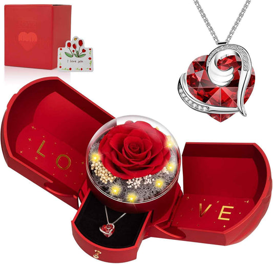 Preserved Real Red Rose with Necklace Forever Flowers Rose Valentines Day Gifts for Her Wife Girlfriend Women Mom Grandma on Valentines Mothers Day Sweetest Day Christmas Anniversary Romantic-Red