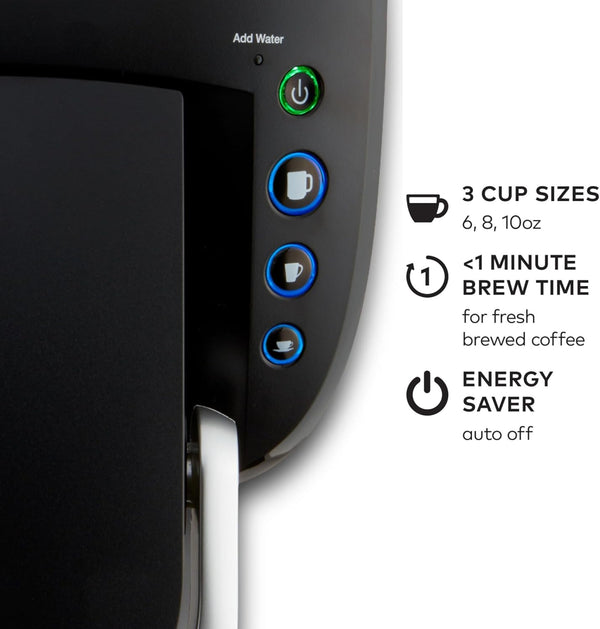 Compact single-serve K-Cup pod coffee maker with 3 brew sizes and smart start feature