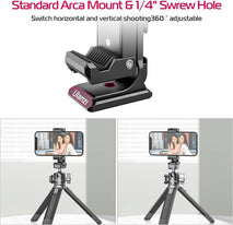 Metal Phone Tripod Mount 3 Cold Shoes & Arca Port, 360° Smartphone Tripod Adapter for iPhone 17 16 15 Cell Phone Stand Holder for Desktop Video Live Streaming Vlogging Rig