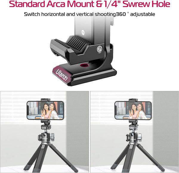 Metal Phone Tripod Mount 3 Cold Shoes & Arca Port, 360° Smartphone Tripod Adapter for iPhone 17 16 15 Cell Phone Stand Holder for Desktop Video Live Streaming Vlogging Rig