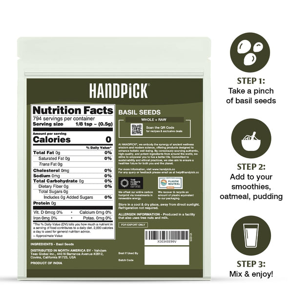 HANDPICK Holy Basil Seeds (397g/14oz) | 2x More Fiber than Chia | Edible Basil Seeds, Gluten free, Raw Sabja, Tukmaria Seeds | Prebiotic | Packed in Resealable Zip Lock Pouch (Packaging may vary)