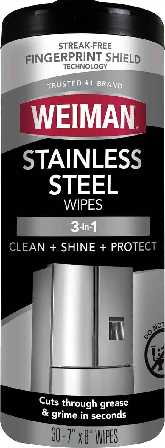 Weiman Stainless Steel Cleaner, 30 Count Cleaning Wipes, Removes Dirt, Grime, and Grease, No Streaks or Residue, Stainless Steel Polish for a Sparkling Clean and Shiny Surface, Cleaning Supplies