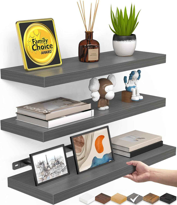 BAYKA Floating Shelves for Wall, Wall Mounted Rustic Wood Shelves for Bathroom, Bedroom, Living Room, Kitchen, Hanging Shelf for Books/Storage/Room Decor with 22lbs Capacity (Black, Set of 3, 15.7in)