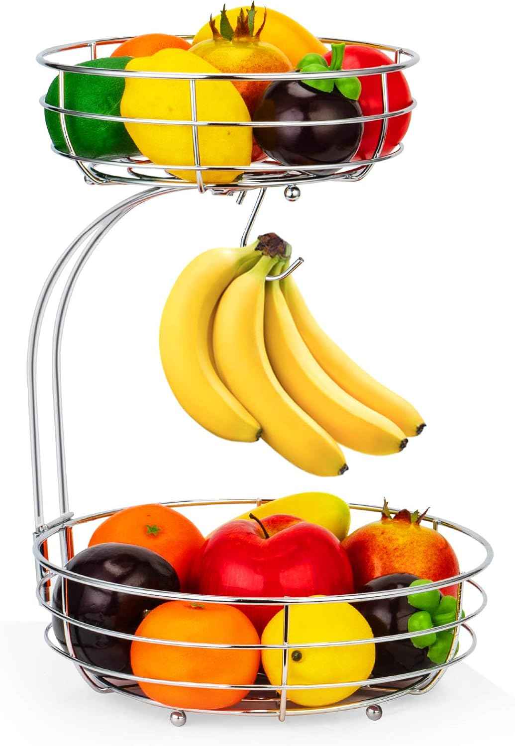 Auledio Iron 2-Tier Countertop Fruit Vegetables Basket Bowl Storage With Banana Hanger, Black, 64 ounces