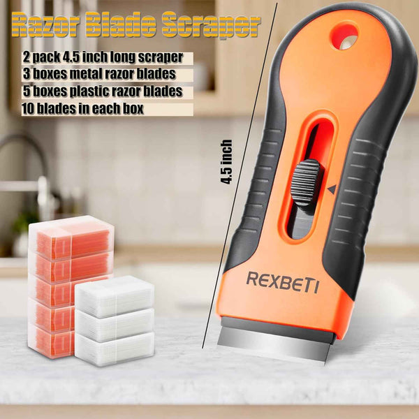 Rexbeti Razor Blade Scraper Tool, 2 Pack, Cleaning Scraper with Extra 80Pcs Razor Blades and 50Pcs Plastic Blades