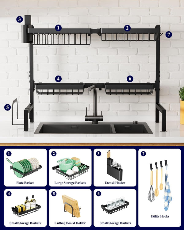 Adjustable over sink dish drying rack with large capacity and multifunctional baskets