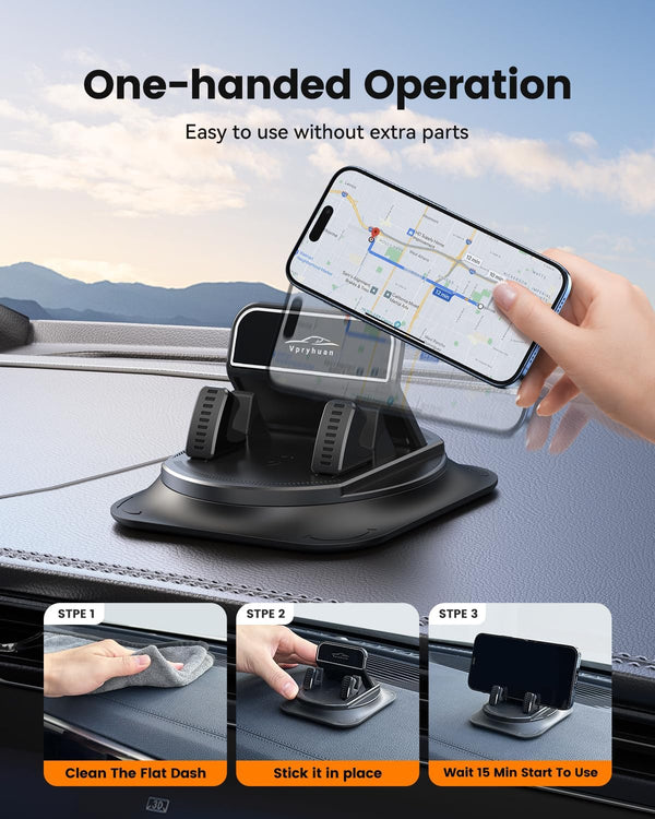 360 degree rotation car phone holder with anti-slip grips and one-hand operation