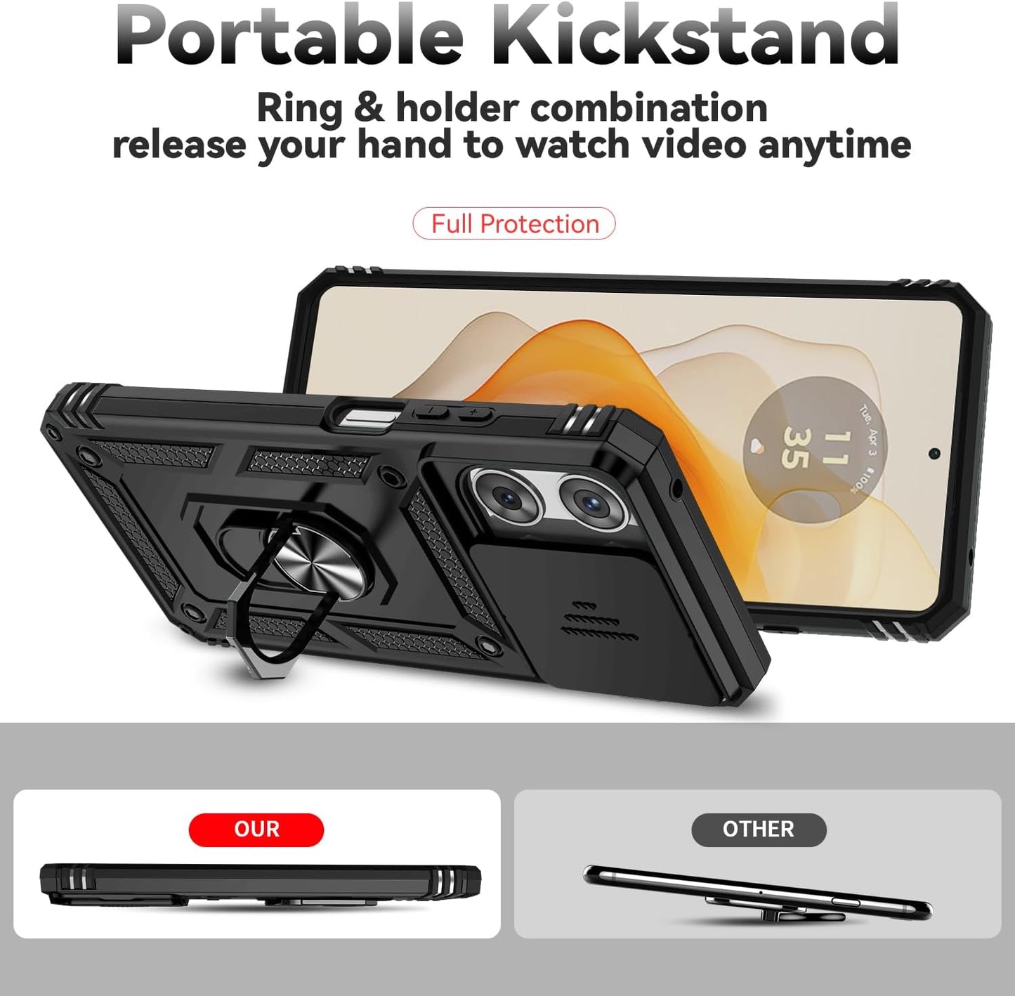 Motorola Moto G 2025 Case, with Slide Camera Cover HD Screen Protector [Military Grade 16ft. Drop Tested] Magnetic Ring Holder Kickstand Protective Phone Case for Motorola Moto G 2025, Black