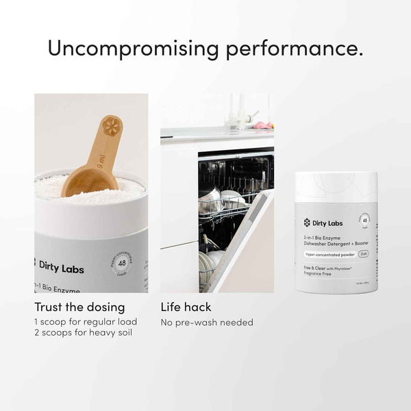 Dirty Labs | Dishwasher Detergent and Booster | Scent Free | 48 Loads (1 lb) | Ultra Clean, Spot Free, Quick Wash Optimized | Hyper Concentrated