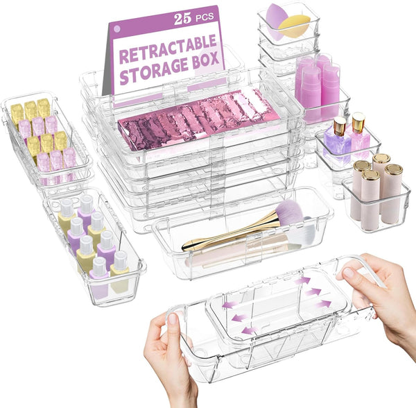 14-piece clear drawer organizer set for versatile storage