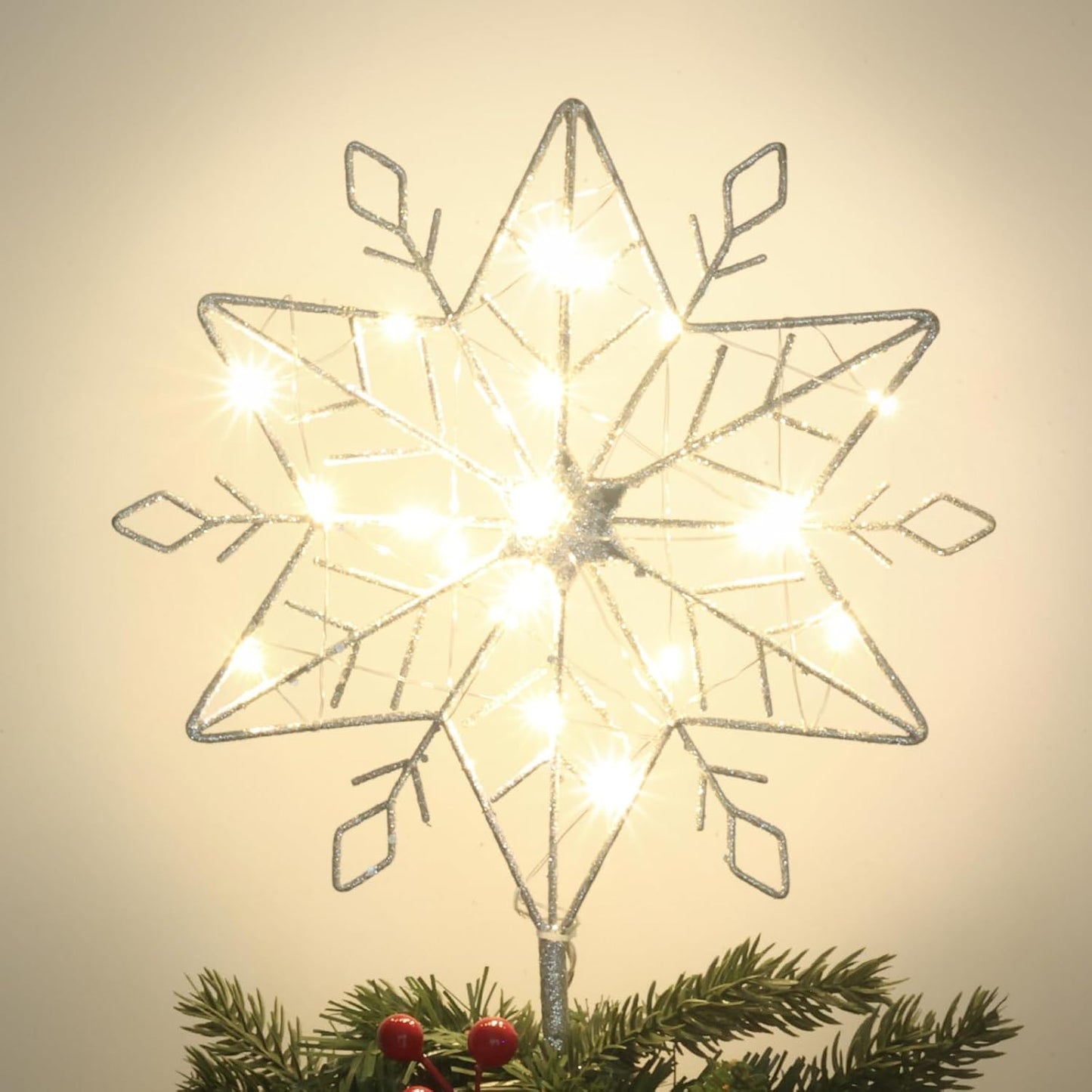 hogardeck Christmas Tree Topper, 11 Inches Lighted Gold Glittered 8-Point Star Tree Topper, 30 LED Sparkling Tree Toppers Christmas Decorations, Battery Powered Timer Xmas Treetop Star Decor