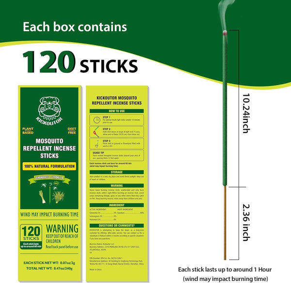 Kickoutor Mosquito Repellent Outdoor Patio 120 PCS Citronella Oil Mosquito Incense Sticks Natural Organic
