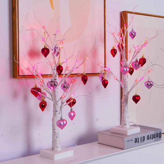 2Pack Valentines Day Decor Lighted Birch Tree with Heart-Shaped Ornaments,USB&Battery Operated Light Up Artificial Tree for Home Indoor Party Valentines Day Decorations (Red + Pink)