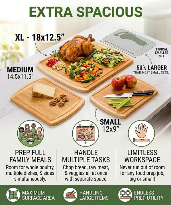 Luxury XL Bamboo Cutting Board Set of 3 with Vertical Grain Strength Technology