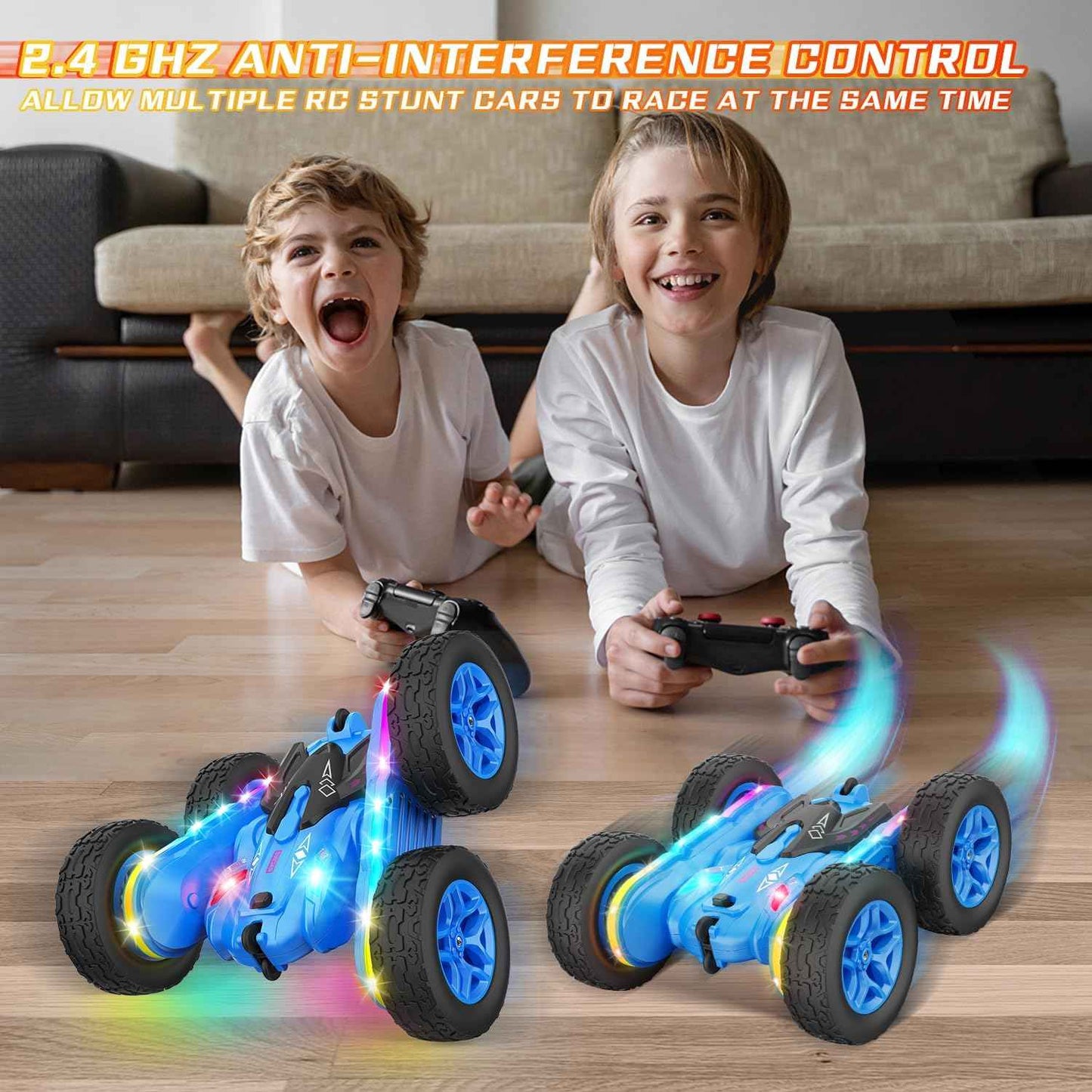 Remote Control Car, Rc Cars Stunt Kids Toys New Upgraded Strip Lights and Headlights Double-Sided 360° Rotating 4WD Drift Truck for Boys Girls Birthday Gift (Blue)