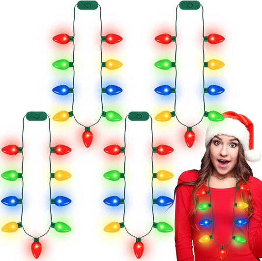 QZYL 4pcs Light Up Christmas Necklace, Colorful Christmas Accessories for Women, 9 LED Bulbs Necklaces with 3 Flash Modes, Suitable for Xmas New Year Party Favor Supplies Accessories
