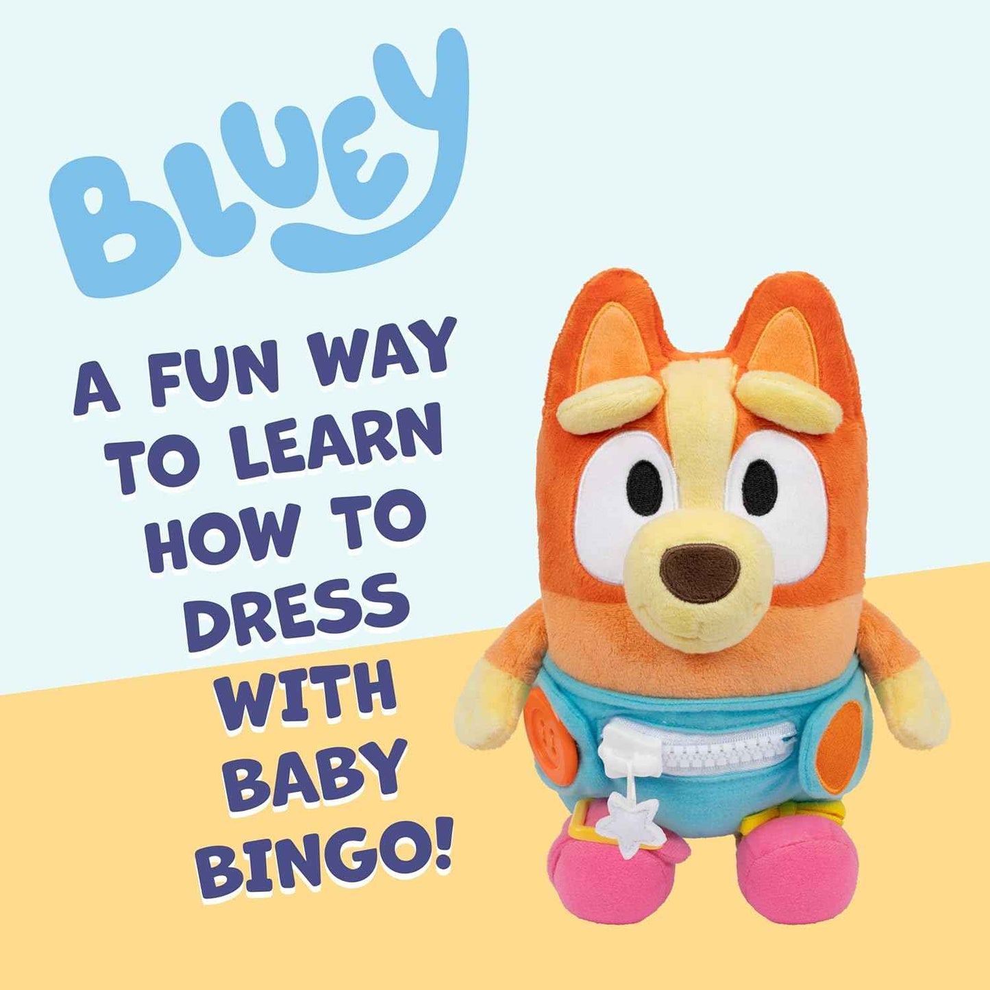 Dress & Play Baby Bingo Bluey Plush, Button, Zip, Buckle and Tie, Learn to Dress Dolls for Toddlers Ages 3+, Fine Motor Skills Baby Zipper Toy