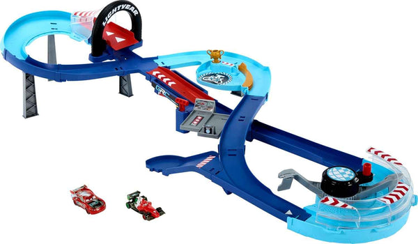 Mattel Disney Pixar Cars GRC Jumping Raceway track set with 2 cars, Lightning McQueen & Francesco Bernoulli, kid-powered booster