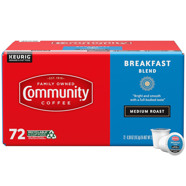 community coffee breakfast blend, medium roast, 72 count single-serve keurig k-cup pods, k-cup compatible