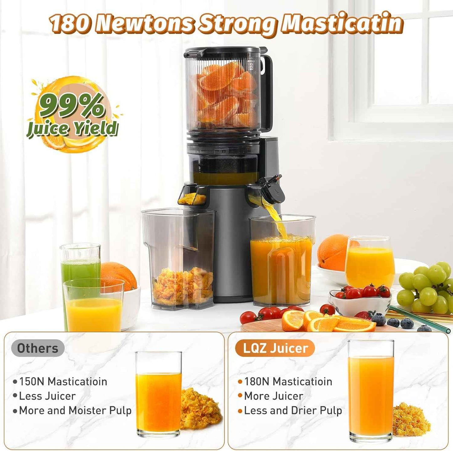 cold press juicer with 5.4" wide feed chute for juice extractor and high juice yield black