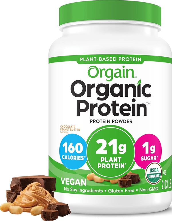 Orgain Organic Vegan Protein Powder, Creamy Chocolate Fudge - 21g Plant Protein, 6g Prebiotic Fiber, Low Net Carb, No Lactose Ingredients, No Added Sugar, Non-GMO, For Shakes & Smoothies, 2.03 lb