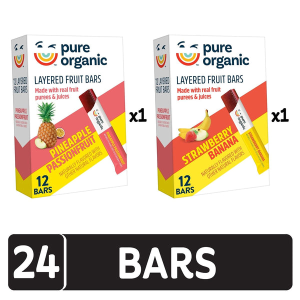 Pure Organic Layered Fruit Bars, Gluten Free, Vegan Fruit Snacks, Variety Pack, 12.4oz Box (24 Bars)