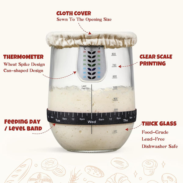 1L (34oz) Sourdough Starter Jar Kit - Wide Mouth Glass Sour Dough Bread Crock Set with Accessories