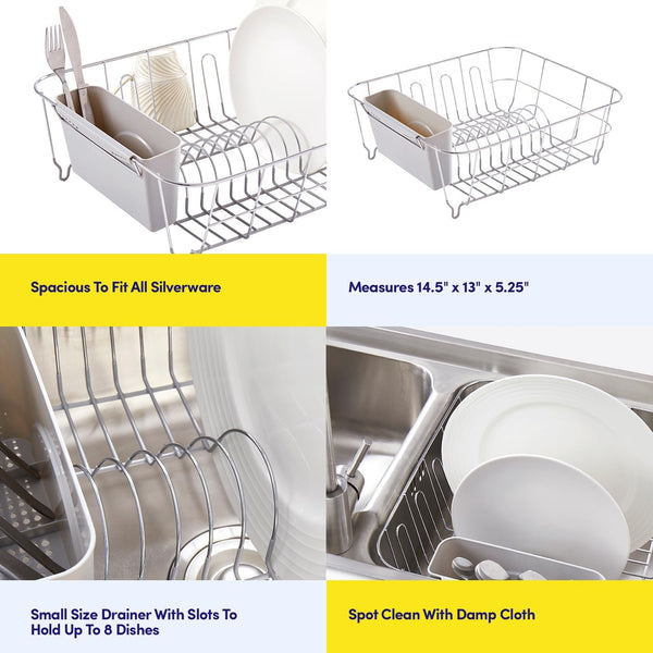 Compact dish drying rack with utensil holder for kitchen sink