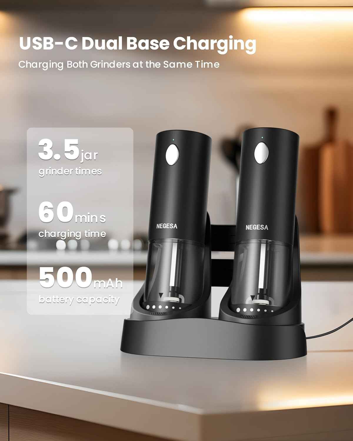 Electric Salt and Pepper Grinder Set with Rechargeable Base - Automatic Refillable Electric Salt and Pepper Shakers with Large Capacity, LED Light & Adjustable Coarseness, Black
